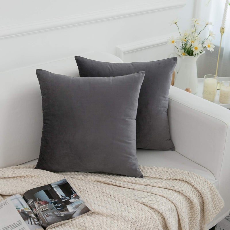 RainRoad Velvet Decorative Throw Pillow Covers Cushion Cover Pillow Case for Sofa Couch Bed Chair,Soft Square Gray Throw Pillows 18x18 Inch,Set of 2 - Image 2